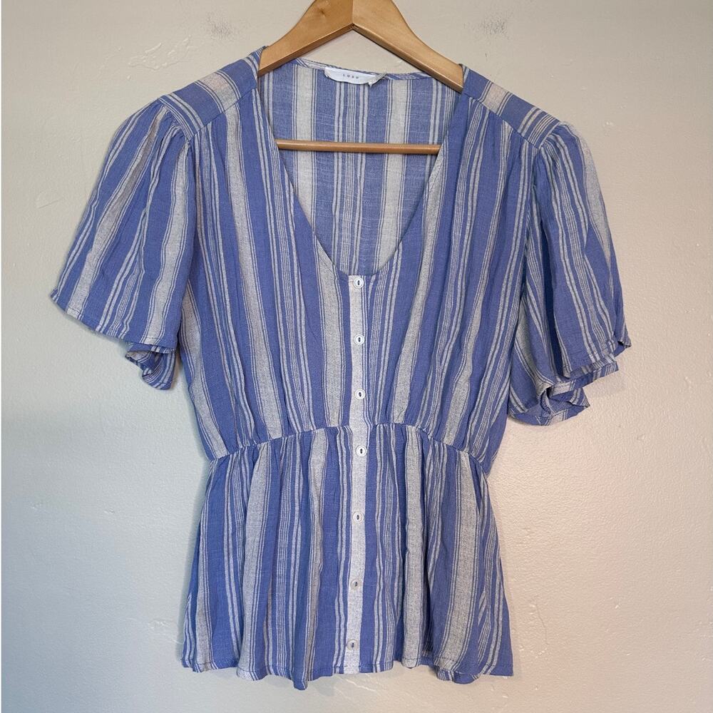 LUSH Boutique White and Blue Striped Loose Fit Flattering Top XS